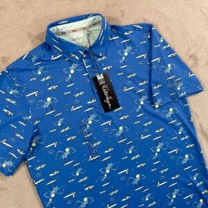 Walter Hagen Island Convo Print Polo Shirt Men Small Sea Blue Performance NWT